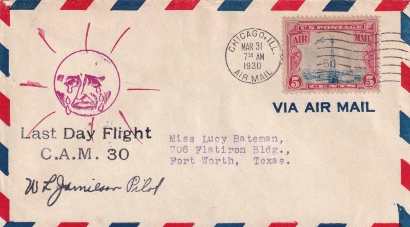 1930, Last Day Flt., CAM-30, Chicago, IL, Signed by Pilot W.F. Jamilson (41943)