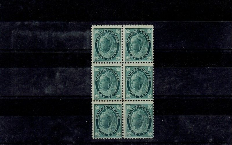 #67 One Cent Numeral 1897 QV block of 6 F MNH Cat$360