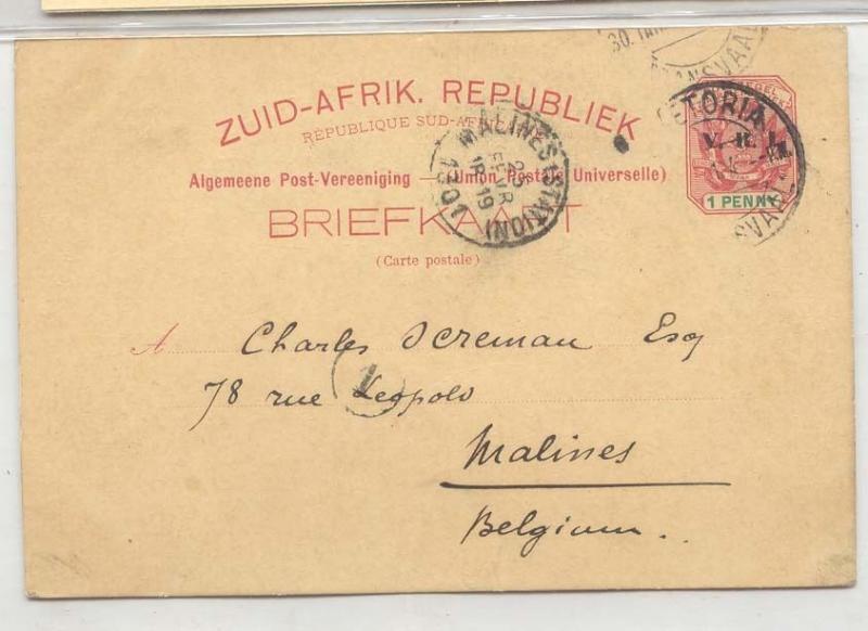 Sout Africa Transvaal Postal Card #10 usd to Belgium (entier postal stationary a