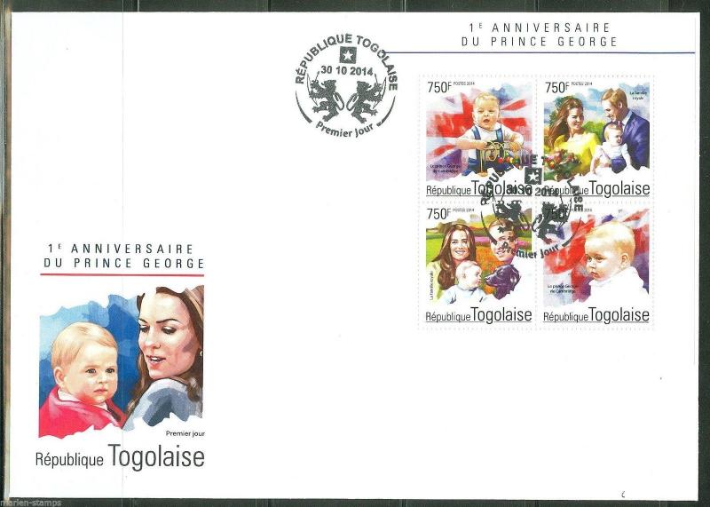 TOGO 2014 1st BIRTHDAY OF PRINCE GEORGE WITH KATE & WILLIAM  SHEET  FDC