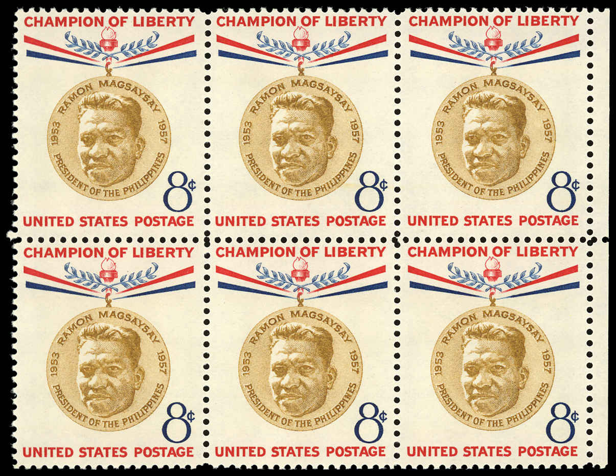 US Sc 1096 VF/MNH BLOCK OF 6 - 1957 8¢ Magsaysay - Well Centered - P.O ...