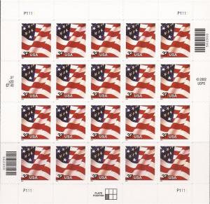 US Stamp 2002 American Flag 20 Stamp Sheet Self-Adhesive  Scott #3630
