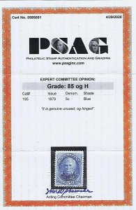 SC# 185 UNUSED ORIGINAL GUM HINGED 5C TAYLOR 1879, 2020 PSAG CERT GRADED VF-XF  