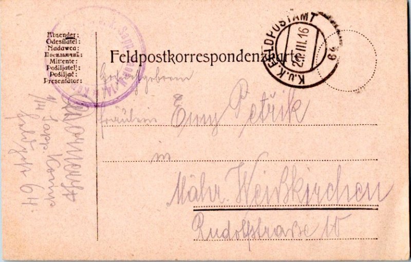 Austria Soldier's Free Mail 1916 K.u.K. Feldpostamt 64 Feldpostcard to Mahr. ...