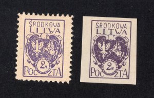 Central Lithuania 1920 2m violet Arms, Scott 5 MH, perf. & imperf., value = 80c