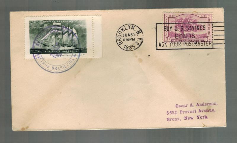 1935 Brooklyn NY USA Cover to Bronx Label Brazil Navy Marinka 