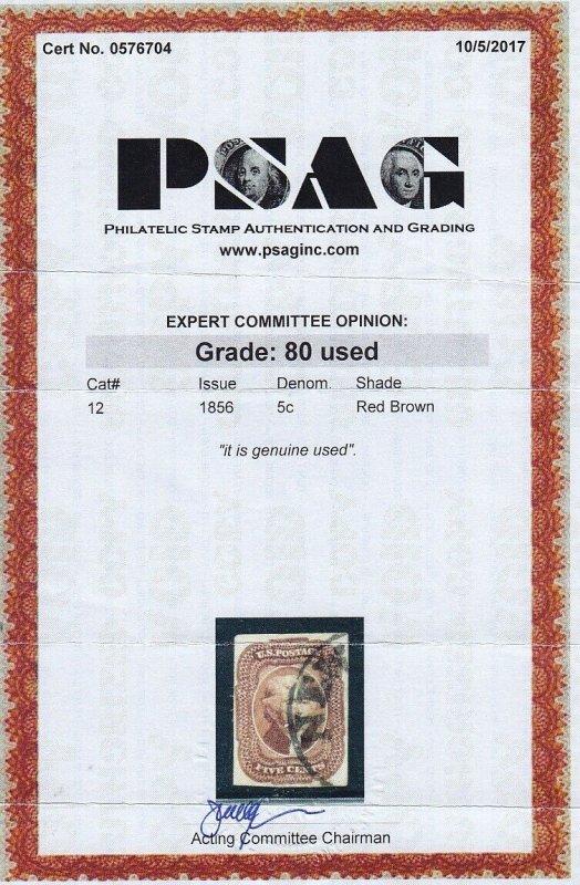 12 VF+ used neat cancel PSAG cert grade 80  nice color cv $ 700 ! see pic !