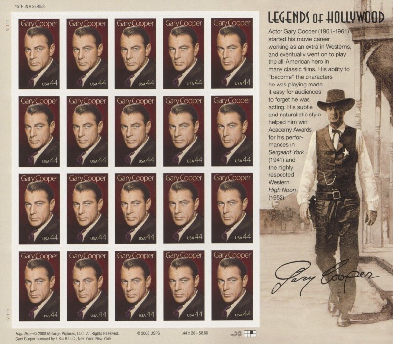 2009 US Scott #4421 44c Gary Cooper, Sheet of 20 MNH