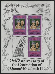 Antigua 1978 MNH Sc 508 10c QEII, Prince Philip Sheet of 3, Glove label Coron...
