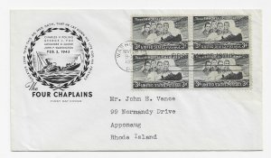 US 956 (Me-9) 3c Four Chaplains blk 4 on FDC Farnam Cachet ECV $18.00