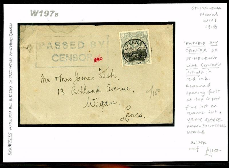 DBW197b 1918 ST. HELENA WW1 Passed By Censor With Initials/Wigan