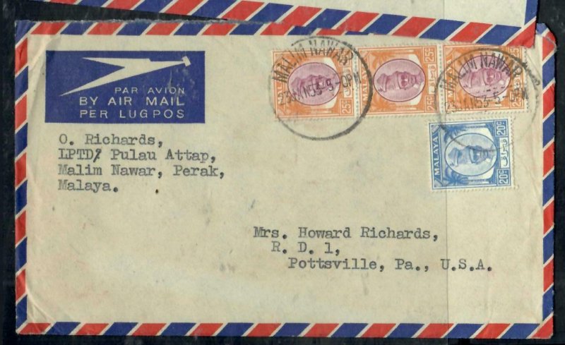 MALAYA PERAK COVER (P0409B) 1953  SULTAN  25CX3+20  C  MALIM NAWAR   TO   USA 