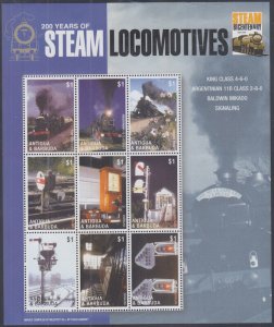 ANTIGUA & BARBUDA Sc# 2761a-i MNH S/S of 9 DIFF  - 200 YEARS of STEAM LOCOMOTIVE