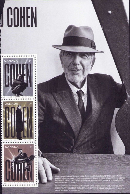 2019 Canada Leonard Cohen Part Pane Top Values 3195 d e f MNH