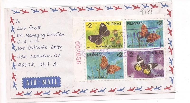 Phillipines 1993 A/M Butterfly x 4 different in block on cover (baf)