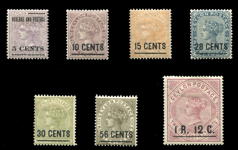Ceylon #124-130 (SG 187-193) Cat£225, 1885-87 Surcharges, set of seven, hinged