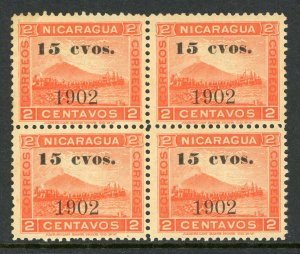 Nicaragua 1902 Momotombo 15¢ on 2¢ Sc # 162 Block Mint Y973