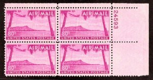 OAS-CNY 6262 AIR MAIL 1952 SCOTT C46 $0.80 HAWAII DIAMOND HEAD PLATE BLOCK NH