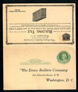 CV20s Postal Card UY7 1915 1c+1c Green Advt. Tebco Evans Co. BUILDING TILE Wash.