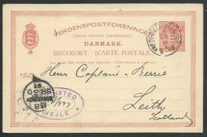 DENMARK 1897 10o postcard used Fredriksted to Scotland.....................59058