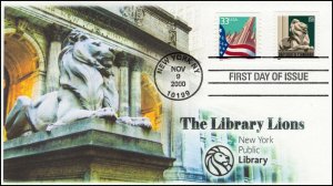 AO-3447 2000, NY Public Library Lion Statue, First Day Cover, Add-on Cachet,