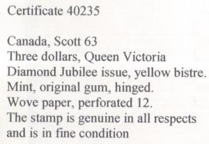 Canada #63 Mint Fine Original Gum Hinged **With Certificate**