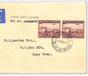 SOUTH WEST AFRICA Air Mail FDC 1937 BI-LINGUAL PAIR Windhoek Cape Town YO270