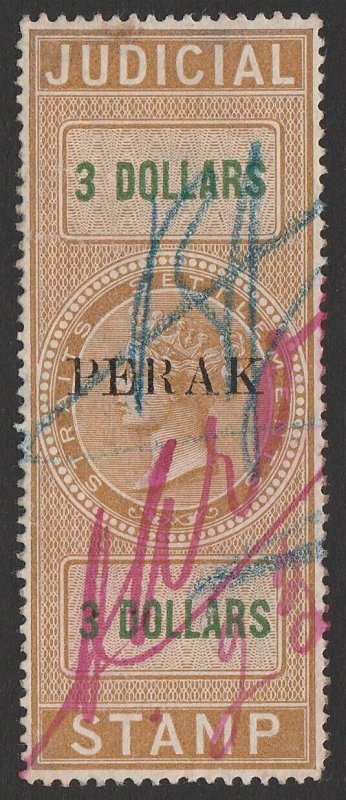 MALAYA - Perak 1884 seriffed 'PERAK' on QV Judicial $3 brown & green.