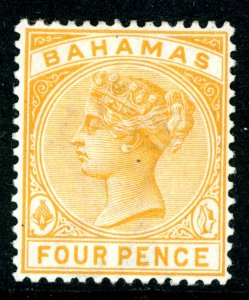 Bahamas 1884 QV 4p Yellow Wmk CCA Perf 14 Scott #29 Mint I216
