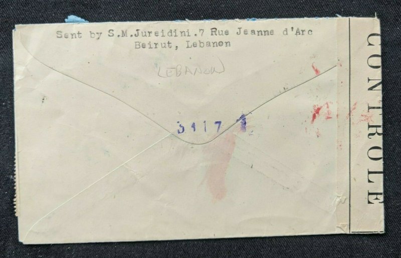 1945 Beirut Lebanon Censorship Airmail Cover to Richmond Virginia USA