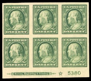 United States, 1904-9 #343 Cat$97.50, 1908 1c green, plate block of six with ...