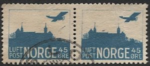 NORWAY 1927 Sc C1  45 ore  Airplane over Castle Used Pair, VF, cv $10