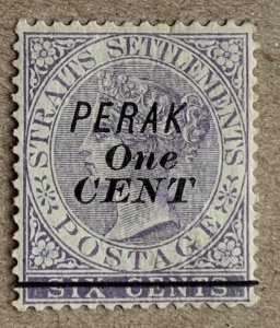 Perak 1891 1c on 6c, unused. Scott 29, CV $60.00. SG 43