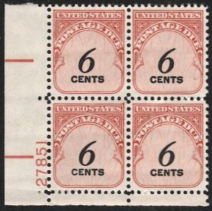 US  Sc J94 Mint NH 6c Plate Block P#27851 LL  VF, Dv $1.25