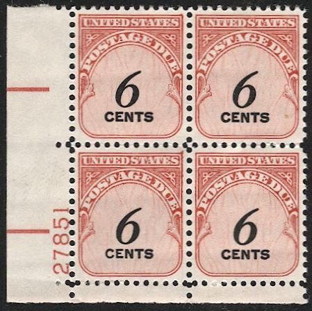 US  Sc J94 Mint NH 6c Plate Block P#27851 LL  VF, Dv $1.25