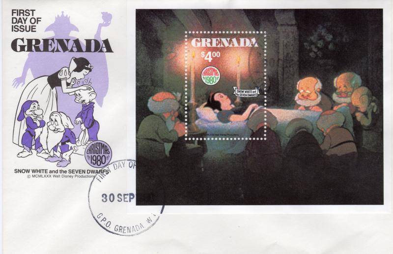 Grenada 1980 Sc#1030 Disney Snow White and the Seven Dwarfs S/S (1) FDC
