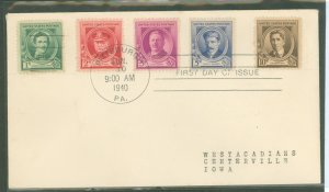 US 879-883 1940 10c Ethelbert Nevin with a first day cancel on an uncacheted addressed FDC with four other stamps from the compo