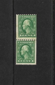 US Stamps: #441; 1c 1914 Flat Plate Wash/Franklin Coil; Paste-Up Pair; MNH