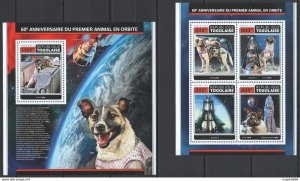 2017 Togo First Animal In Space Dog Laika In Orbit #8254-57+Bl1462 ** Fd0601