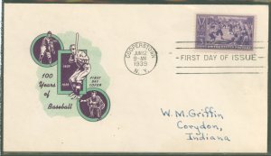 US 855 1939 3c baseball centennial, addressed fdc with an ioor cachet