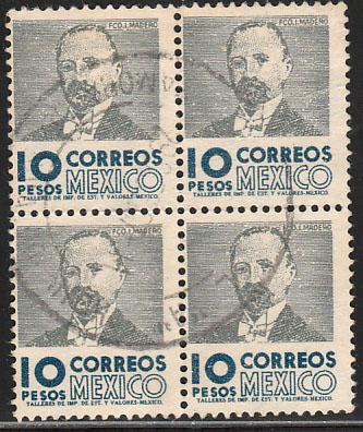 MEXICO 952, $10Pesos 1950 Definitive 3rd Ptg wmk 350 BLK 4. USED. F-VF. (1434)