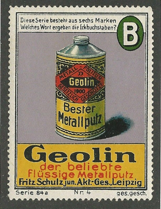 Geolin Metal Polish, Leipzig, Germany, Early Poster Stamp / Cinderella Label