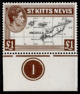 ST KITTS-NEVIS GVI SG77f, £1 black & brown, NH MINT. Cat £25++ PLATE 1 MARGINAL
