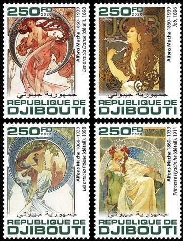 DJIBUTI - 2020 - Alphonse Mucha - Perf 4v Set - Mint Never Hinged