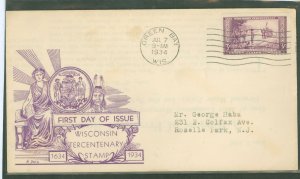 US 739 1934 3c Wisconsin Tercentenary on an addressed (typed) FDC with a Dyer Cachet