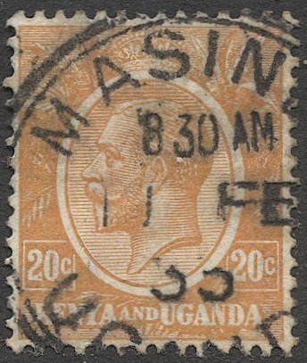 KENYA & UGANDA 1922 Sc 25  20c Used VF, MASINDI postmark/cancel