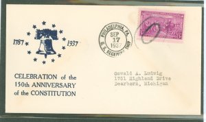 US 798 1937 3c 150th anniversary of the adoption of the Constitution (single) on an addressed first day cover with a tuckinsky c