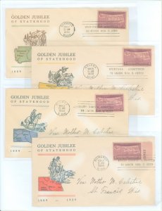 US 858 1939 3c Four states: Golden Jubilee set of four first day covers with matching unprint cachets and Bismarch, ND; Pierre,