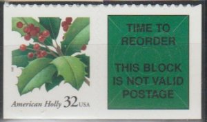 #3177, Single W/re-order. Christmas Holly MNH (32 cent)