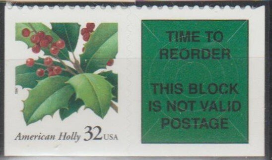 #3177, Single W/re-order. Christmas Holly MNH (32 cent)